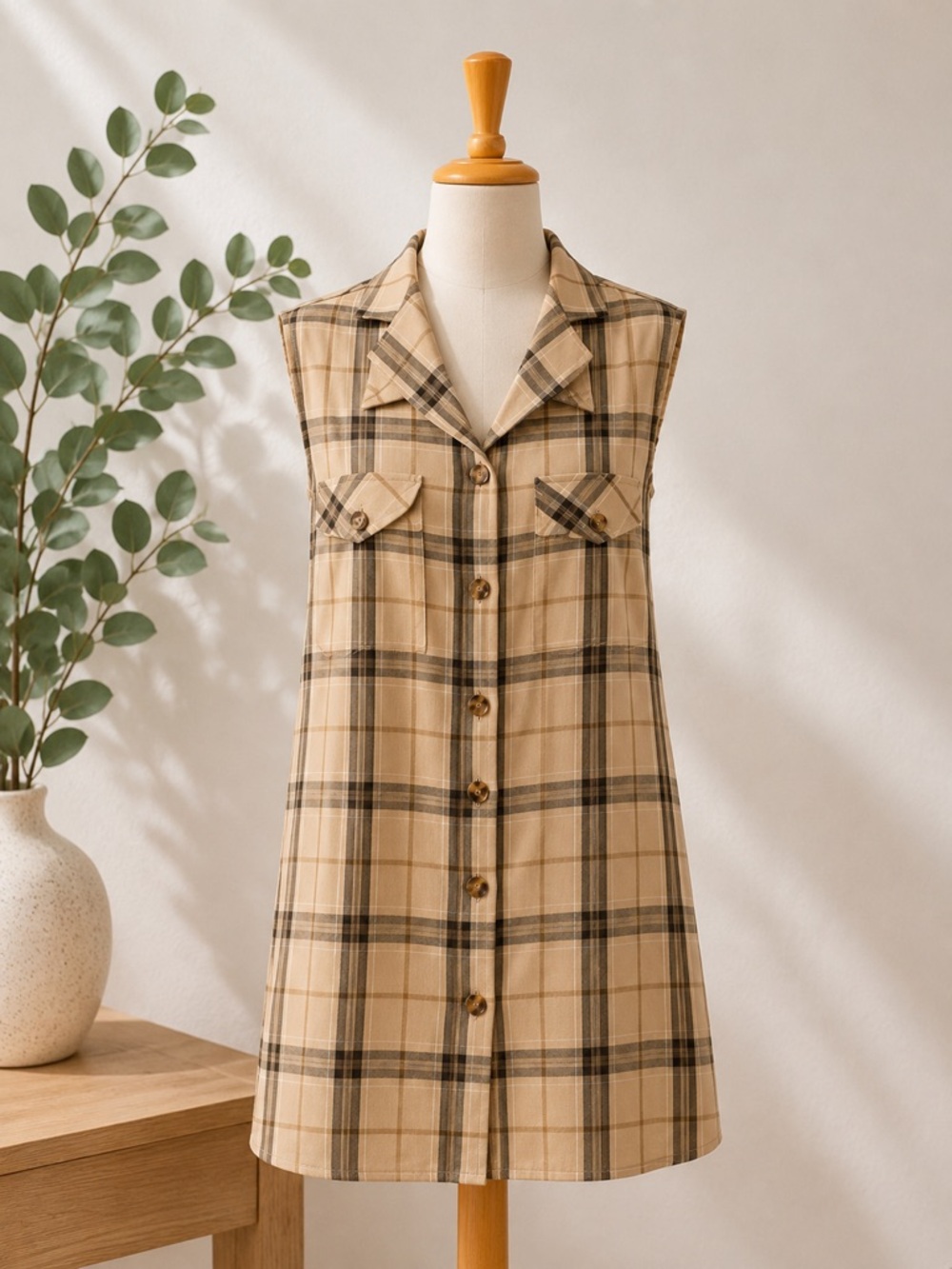 SHEIN Brown Tan Sleeveless Buttoned Shirt Preloved